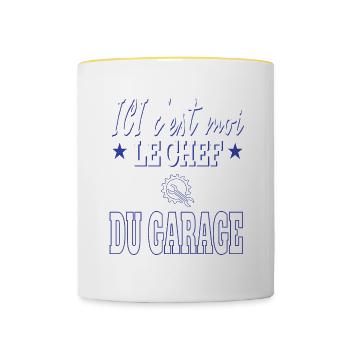 Ici c'est moi le chef du garage. Humour mécanicien - Mug contrasté - blanc/jaune - Devant