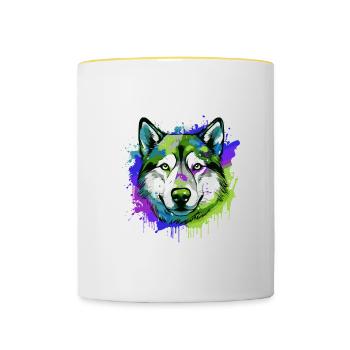 Portrait de tête de chien husky coloré - Mug contrasté - blanc/jaune - Devant