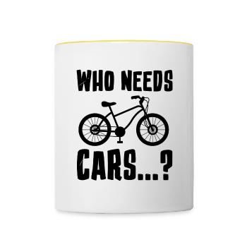 Braucht Autos Ironische Fahrradfahrer-Umgebung - Tasse zweifarbig - Weiß/Gelb - Vorne