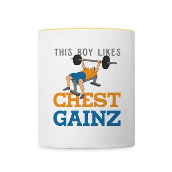 Un garçon aime Chest Gainz Funny Gym Benchpress - Mug contrasté - blanc/jaune - Devant