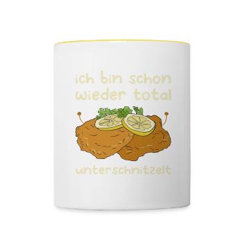Unterschnitzelt Wiener Schnitzel Fleisch Geschenk - Tasse zweifarbig - Weiß/Gelb - Vorne