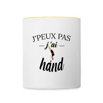 j peux pas j ai hand tee shirt humour handball - Mug contrasté - blanc/jaune - Devant