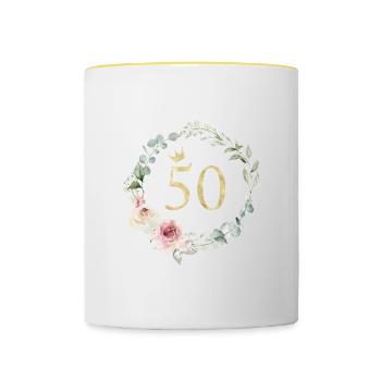 Number 50, Floral Wreath Crown, Personalizable - Contrasting Mug - white/yellow - Front