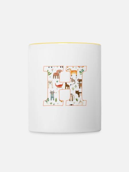 Buchstabe H, Monogramm, Tiermuster - Tasse zweifarbig - Weiß/Gelb
