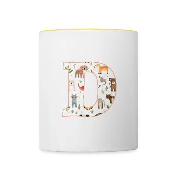 Buchstabe D, Monogramm, Tiermuster - Tasse zweifarbig - Weiß/Gelb - Vorne