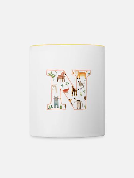 Buchstabe N, Monogramm, Tiermuster - Tasse zweifarbig - Weiß/Gelb
