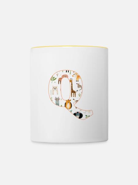 Buchstabe Q, Monogramm, Tiermuster - Tasse zweifarbig - Weiß/Gelb