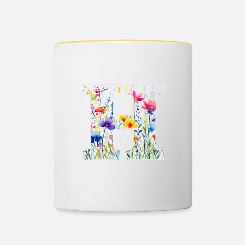 Buchstabe H, Monogramm, Blumenmuster - Tasse zweifarbig - Weiß/Gelb