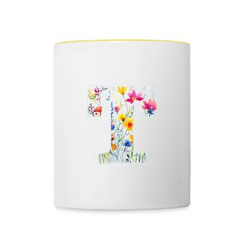 Lettre T, monogramme, motif floral - Mug contrasté - blanc/jaune - Devant