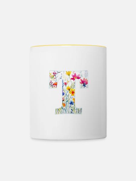 Buchstabe T, Monogramm, Blumenmuster - Tasse zweifarbig - Weiß/Gelb