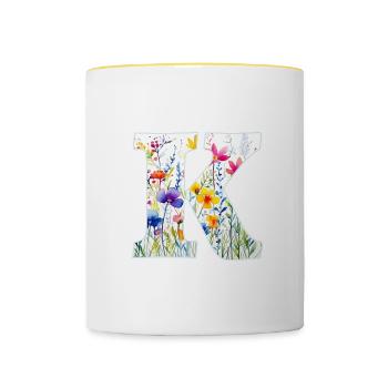 Buchstabe K, Monogramm, Blumenmuster - Tasse zweifarbig - Weiß/Gelb - Vorne