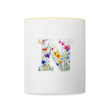 Buchstabe N, Monogramm, Blumenmuster - Tasse zweifarbig - Weiß/Gelb - Vorne