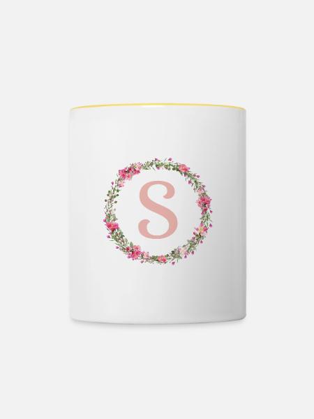 S Monogramm, Blumen-Kranz, personalisierbar - Tasse zweifarbig - Weiß/Gelb