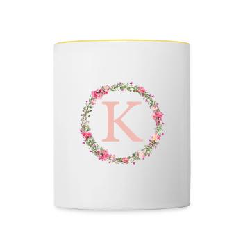 K Monogram, Couronne de fleurs, Personnalisable - Mug contrasté - blanc/jaune - Devant