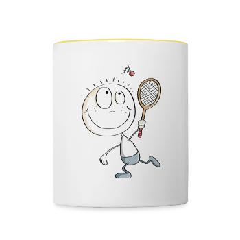 Lustiges Badminton Spieler Strichmännchen - Tasse zweifarbig - Weiß/Gelb - Vorne