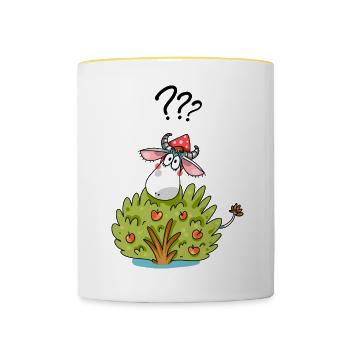 Kuh mit Busch Lustiges Tier Design - Tasse zweifarbig - Weiß/Gelb - Vorne