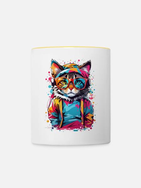 Süße Katze - Tasse zweifarbig - Weiß/Gelb