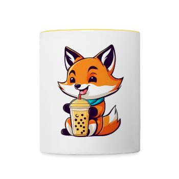 Cute Fox with Bubble Tea - Contrasting Mug - white/yellow - Front