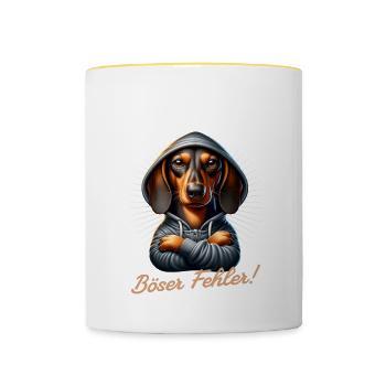 Klein, lieb und nett? Böser Fehler! - Dackel - Tasse zweifarbig - Weiß/Gelb - Vorne