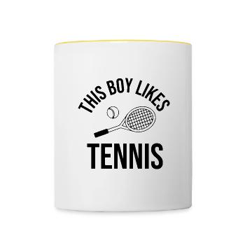 Junge mag Tennisball, Sportplatz, Hobby - Tasse zweifarbig - Weiß/Gelb - Vorne
