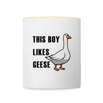 Un garçon aime les oies, les oiseaux, la nature, - Mug contrasté - blanc/jaune - Devant