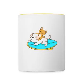 Balades en chat sur une planche de surf pour chien - Mug contrasté - blanc/jaune - Devant