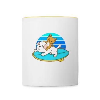 Balades en chat sur une planche de surf pour chien - Mug contrasté - blanc/jaune - Devant
