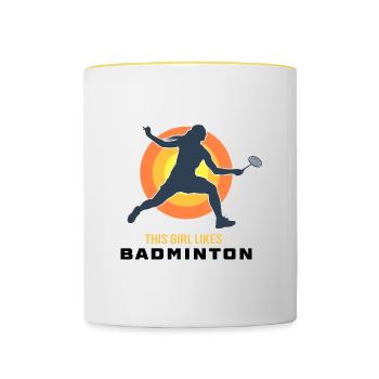 Une fille aime jouer au badminton, au sport rétro, - Mug contrasté - blanc/jaune - Devant