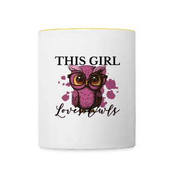 Mädchen mag Eulen, süße Wildtiere, Vögel, - Tasse zweifarbig - Weiß/Gelb - Vorne