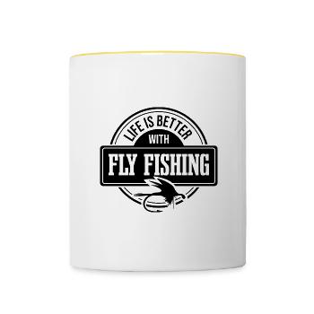Life With Fly Fishing Trout Nature Fisherman - Contrasting Mug - white/yellow - Front