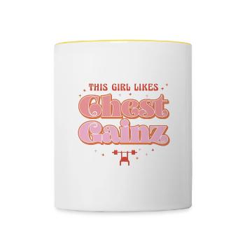 Girl Likes Chest Gains Benchpress Gym Powerlifting - Contrasting Mug - white/yellow - Front