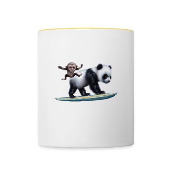 Surfender Panda und Affe - Tasse zweifarbig - Weiß/Gelb - Vorne