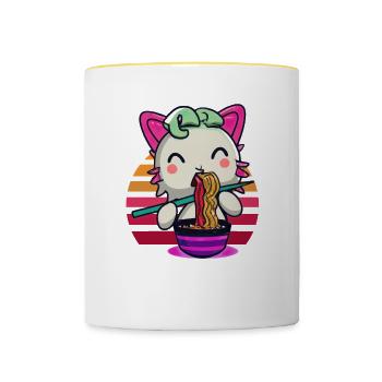 Le chat Axolotl mange des nouilles ramen - Mug contrasté - blanc/jaune - Devant