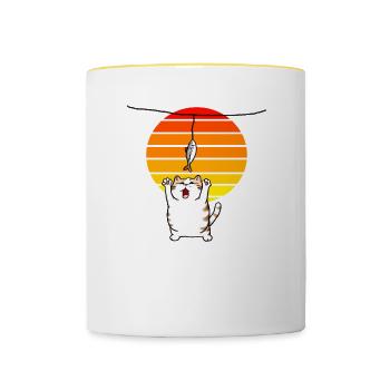Katze streckt sich nach dem Fisch - Tasse zweifarbig - Weiß/Gelb - Vorne