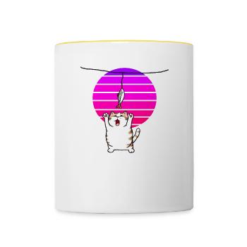 Katze streckt sich nach dem Fisch - Tasse zweifarbig - Weiß/Gelb - Vorne