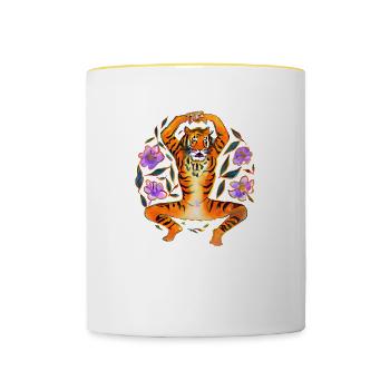 Yoga Tiger liebt Blumen - Tasse zweifarbig - Weiß/Gelb - Vorne