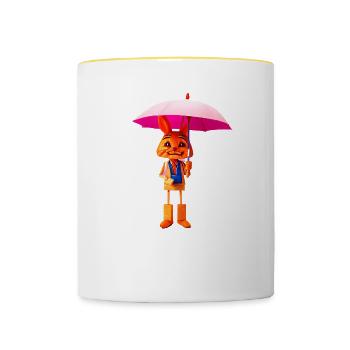 Wooden rabbit with umbrella - Contrasting Mug - white/yellow - Front