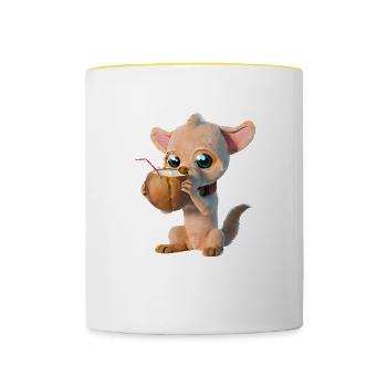 Niedlicher Hund trinkt aus Kokosnuss - Tasse zweifarbig - Weiß/Gelb - Vorne