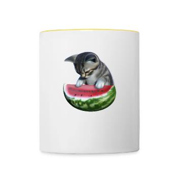 Chat et pastèque - Mug contrasté - blanc/jaune - Devant