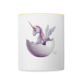 Baby Einhorn schlüpft aus Ei - Tasse zweifarbig - Weiß/Gelb - Vorne