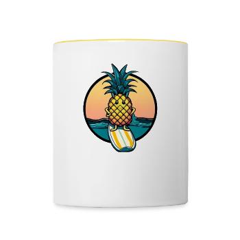 Ananas kawaii au coucher du soleil - Mug contrasté - blanc/jaune - Devant