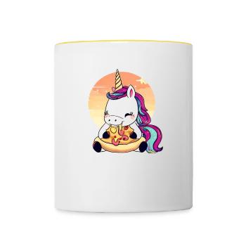 Licorne mangeant une pizza au coucher du soleil - Mug contrasté - blanc/jaune - Devant