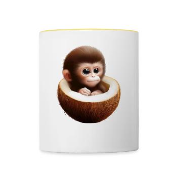 Affe in einer Kokosnuss - Tasse zweifarbig - Weiß/Gelb - Vorne