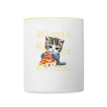 All I Need is My Cat and Pizza - Contrasting Mug - white/yellow - Front