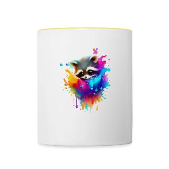 Bunter Waschbär mit Farbklecksen - Tasse zweifarbig - Weiß/Gelb - Vorne