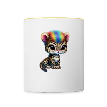 Bébé léopard à crinière arc-en-ciel - Mug contrasté - blanc/jaune - Devant
