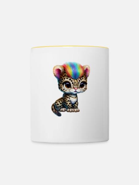 Leopard Baby mit Regenbogenmähne - Tasse zweifarbig - Weiß/Gelb