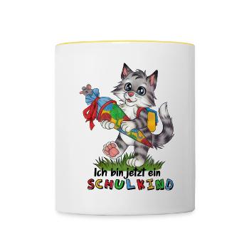Ich bin ein Schulkind Kätzchen mit Zuckertüte - Tasse zweifarbig - Weiß/Gelb - Vorne