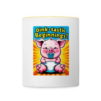 Oink-tastische Anfänge: Süßes Baby-Ferkel - Tasse zweifarbig - Weiß/Gelb - Vorne