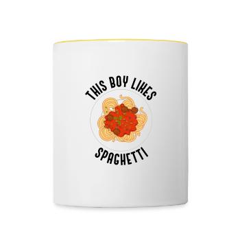 Junge mag Spaghetti Pasta Lustiges Sprichwort - Tasse zweifarbig - Weiß/Gelb - Vorne